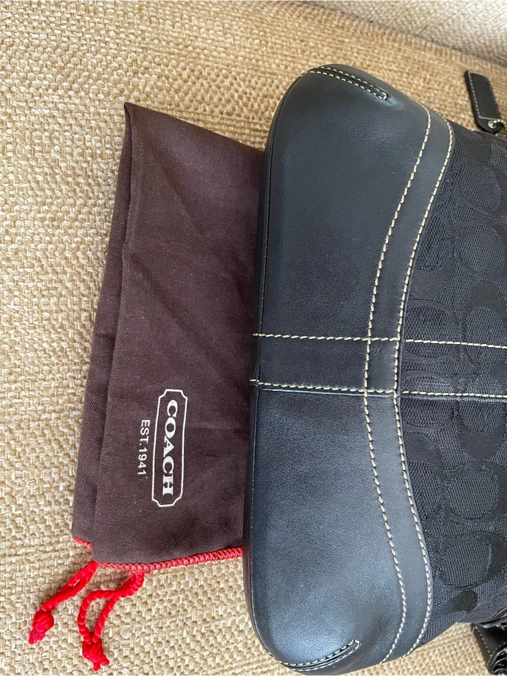 Coach Black Signature Canvas Hobo Bag with Silver Buckle Accents